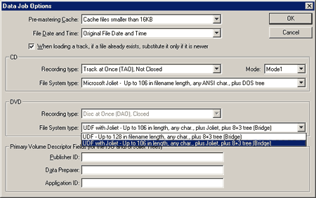 The recording options are very simple and there is the option to select between UDF and UDF/Joiliet file system type: