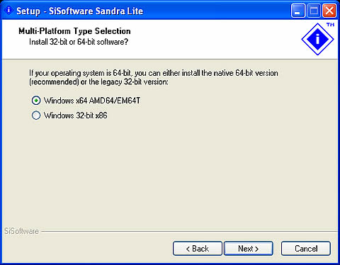 SiSoftware Sandra Installation - Let's you select on Windows XP Professional x64 Edition if you want to install the 32-Bit version or the 64-Bit.